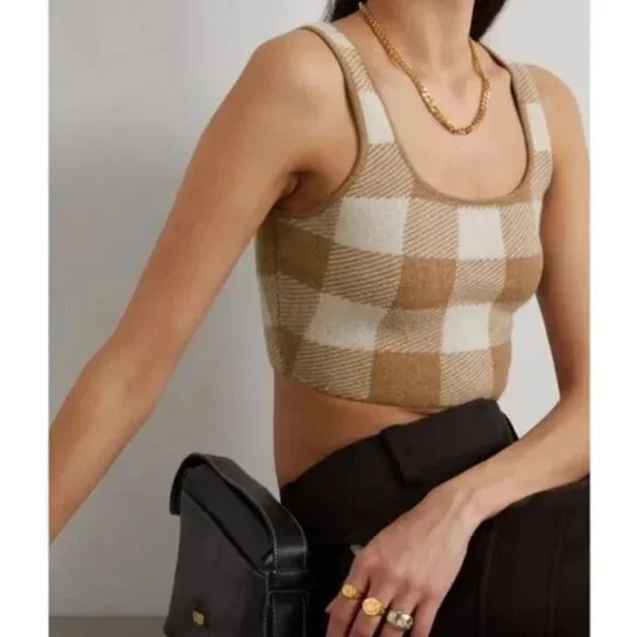 Reformation | Cashmere Fonte Plaid Cropped Tank Top Cream & Tan Gingham | Small - Picture 2 of 11